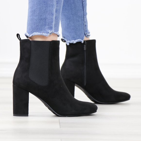 Black Suede Chelsea Block High Heel Above Ankle Boots - Picture 3 of 12